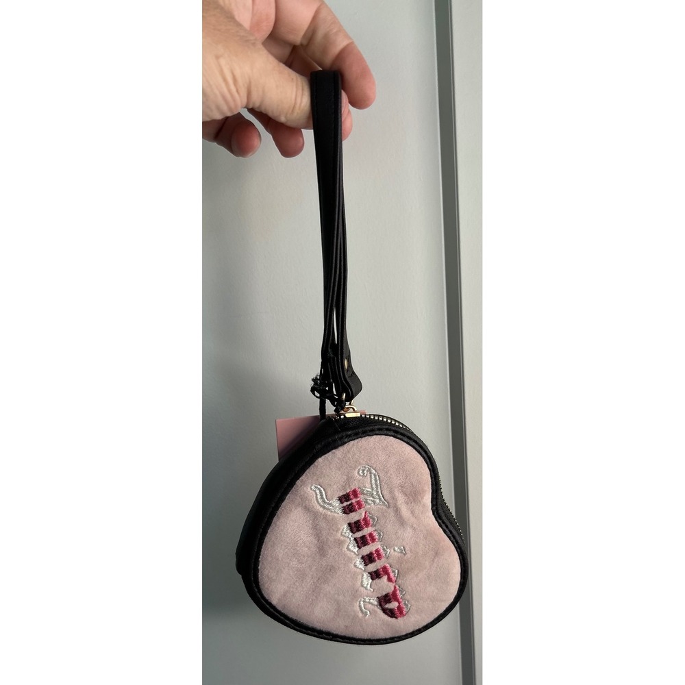 Juicy‎ Couture Pink Velour Heart Wristlet Coin Purse Black Faux Leather New